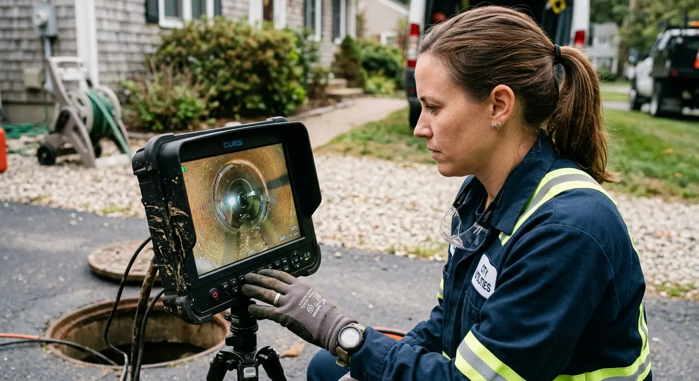 Technician reviewing sewer camera inspection footage in Temecula