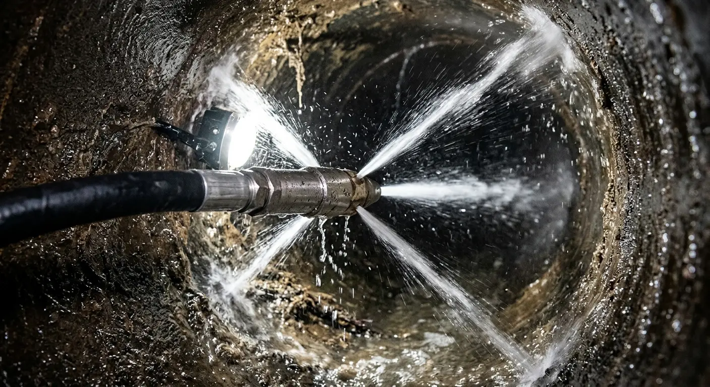 High-pressure hydro jetting nozzle cleaning sewer pipe for Storm Drain Cleaning in Temecula