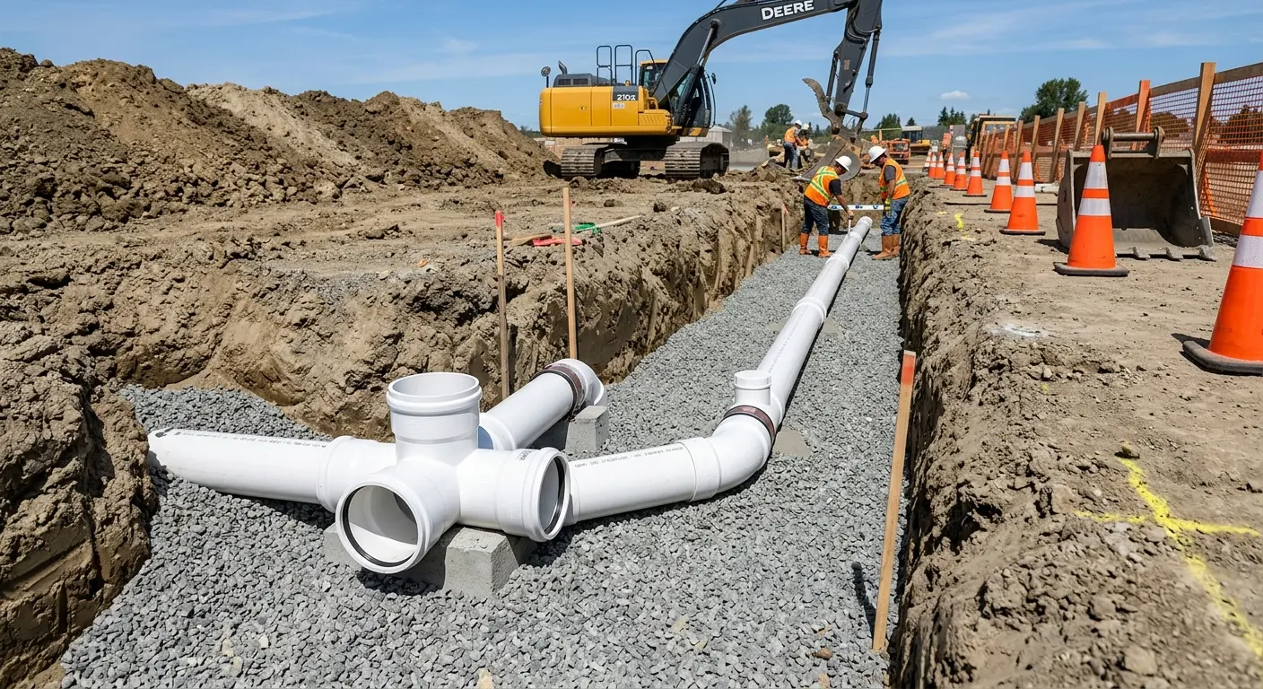 New PVC sewer pipe installation in open trench for Sewer Backup in Temecula