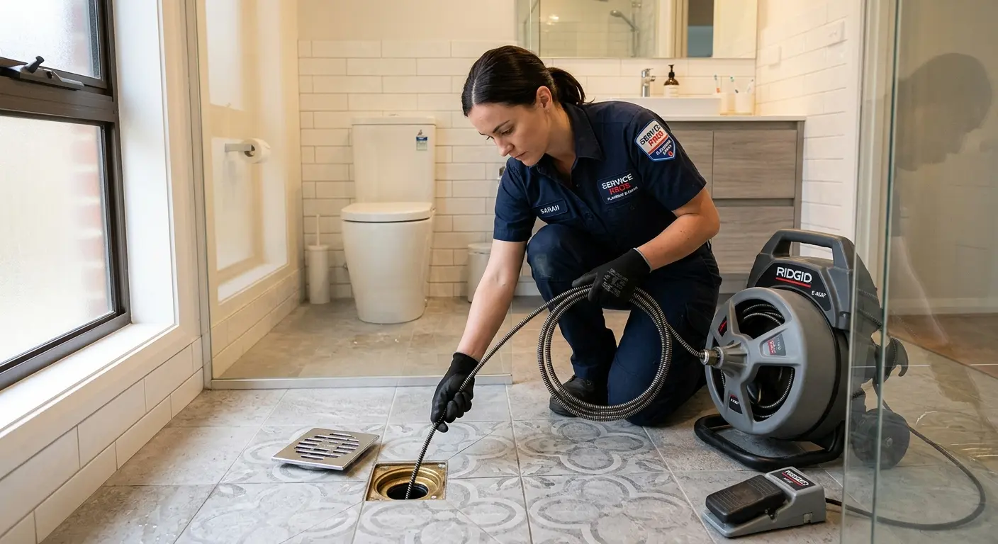 Technician clearing a bathroom floor drain for Drain Cleaning in Temecula